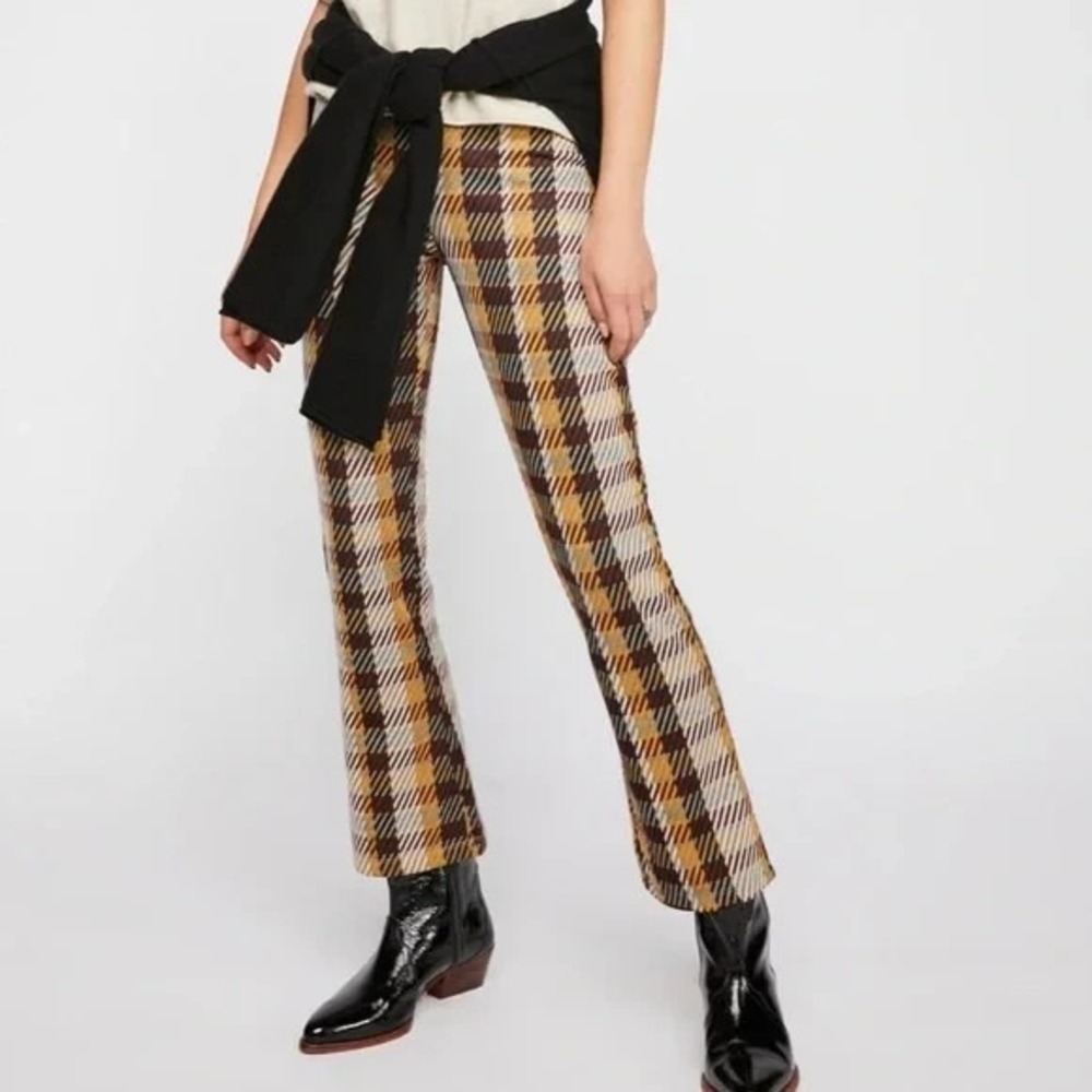 Free People Clean Crop Flare Pants Women's 2 Brown Plaid High-Rise Stretch Retro